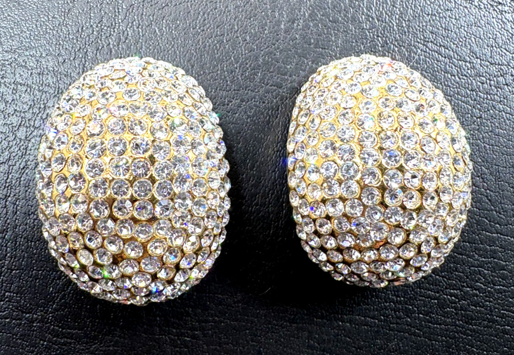 Vintage JARIN Made in USA Pave Clear Rhinestone Gold Tone Dome Clip On Earrings